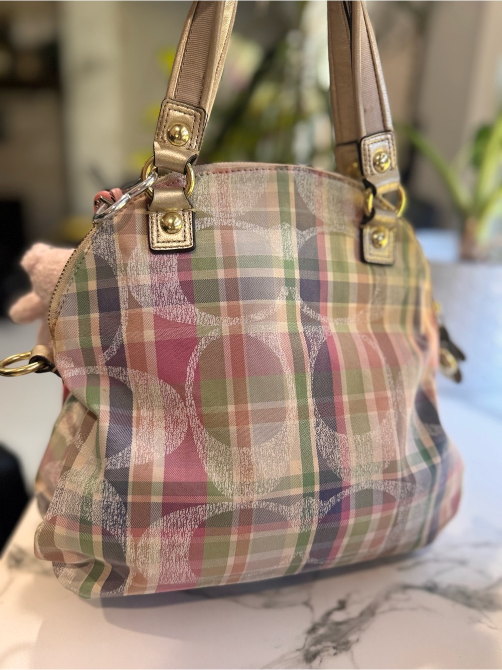 ❌SOLD Coach Multicolor Plaid Dome Satchel + Teddy Charm - Picture 2 of 12